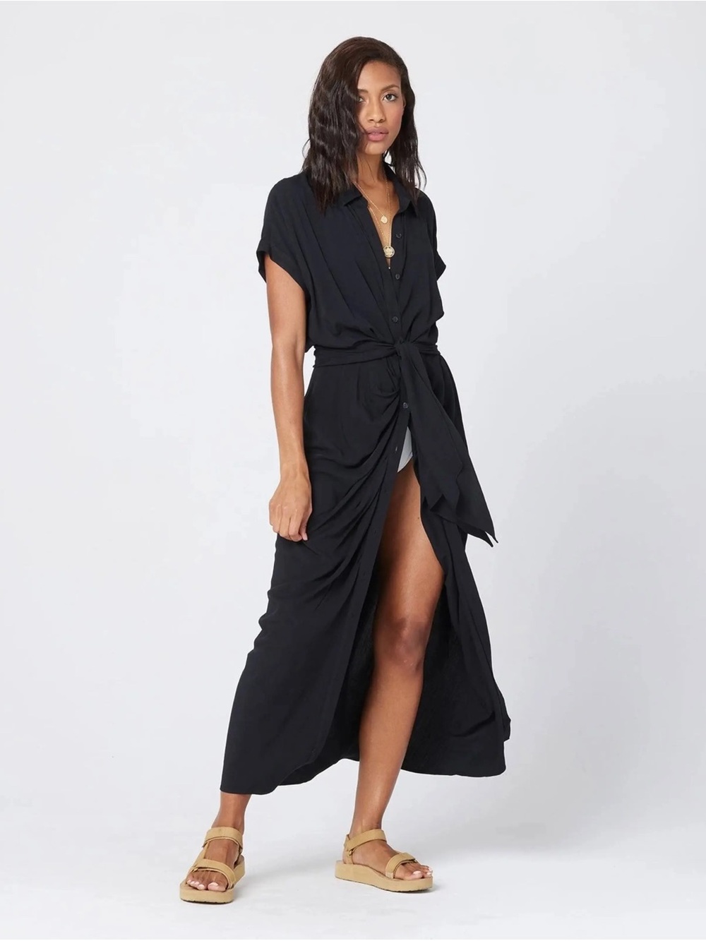 LSPACE Black Maxi Button-Front Shirt Dress with Waist Tie